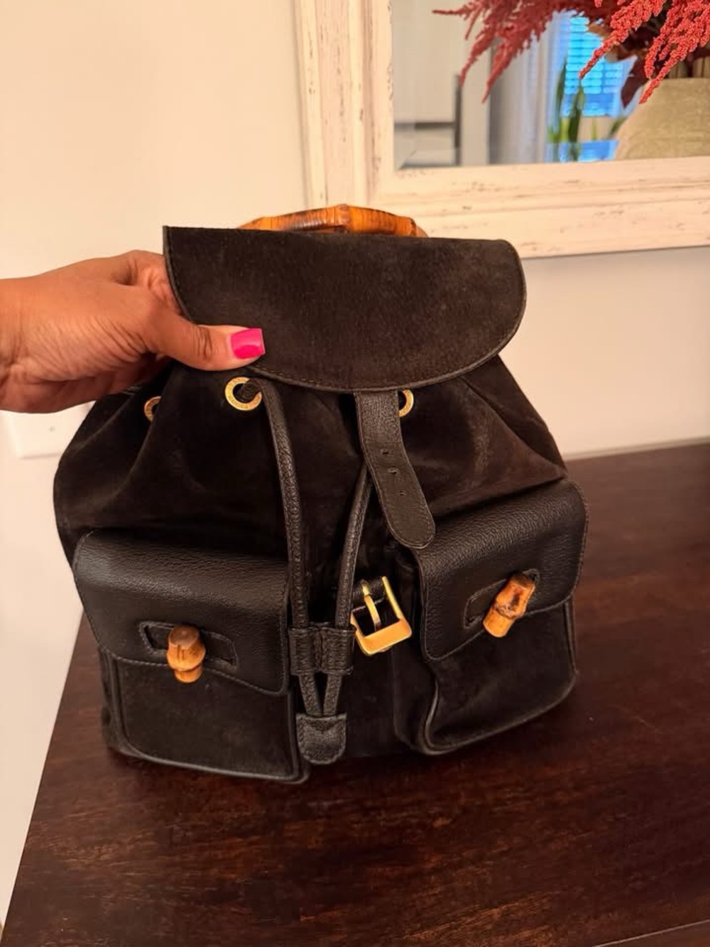 Gucci Black Suede & Leather Backpack with Bamboo Accents